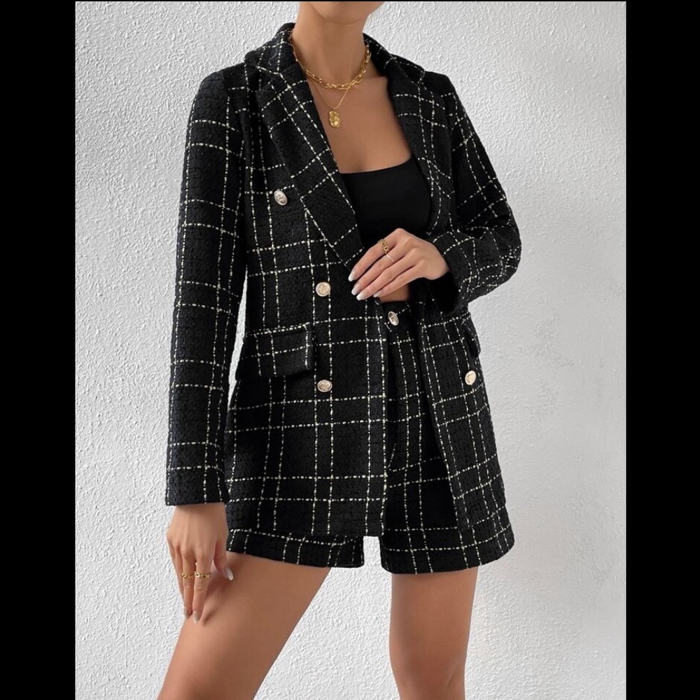 NWOT! Black Gold Windowpane Tweed Blazer & Short Set, Size XS - Picture 5 of 9